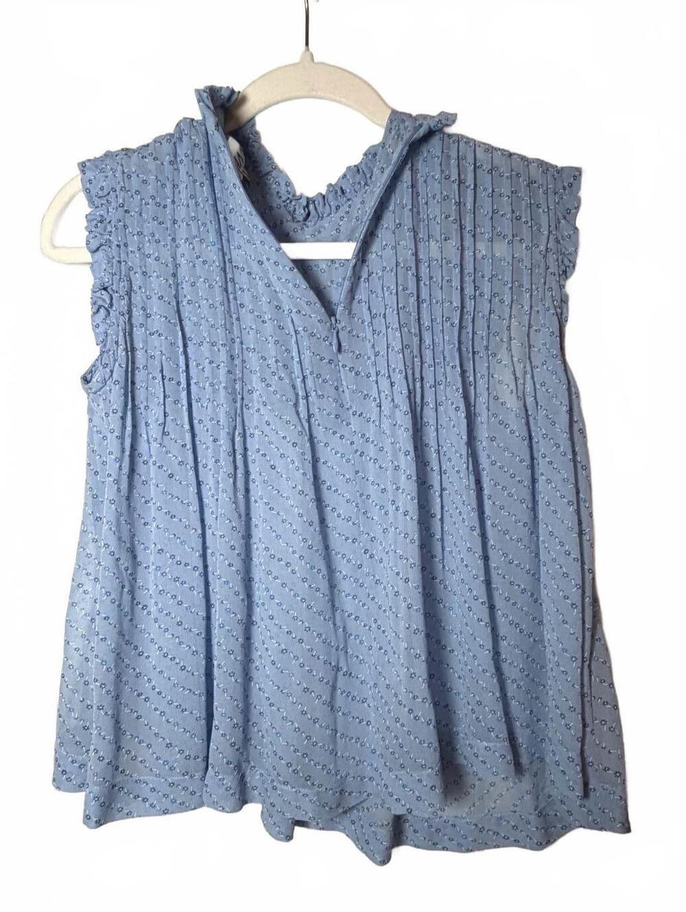 GANNI Blue Floral Pintuck Ruffle Sleeveless Blouse Top Sheer Size 34 XS